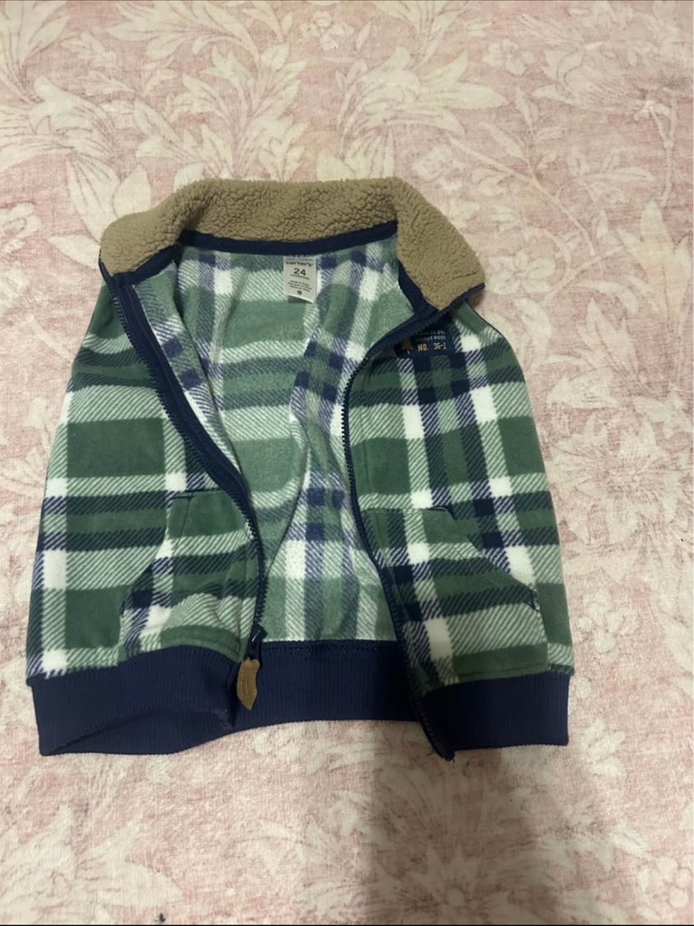 Carter's Green & White Plaid Sherpa-Trim Puffer Jacket